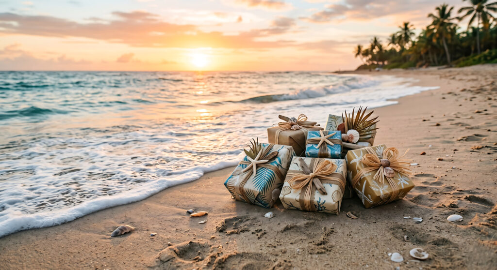 Geschenke an einem Südsee-Sandstrand mit Muscheln bei Sonnenuntergang