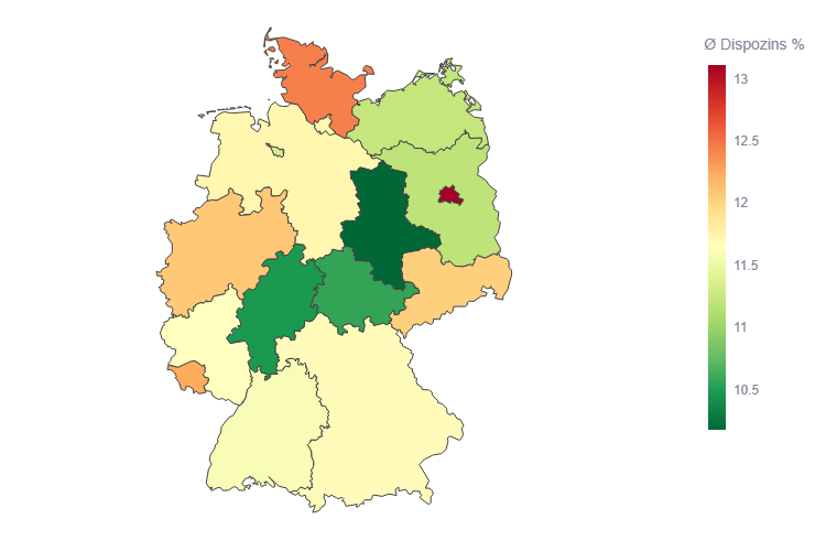 durchschnittliche Höhe der Dispozinsen der Sparkassen werden anhand einer Karte farblich für die jeweiligen Bundesländer gezeigt
