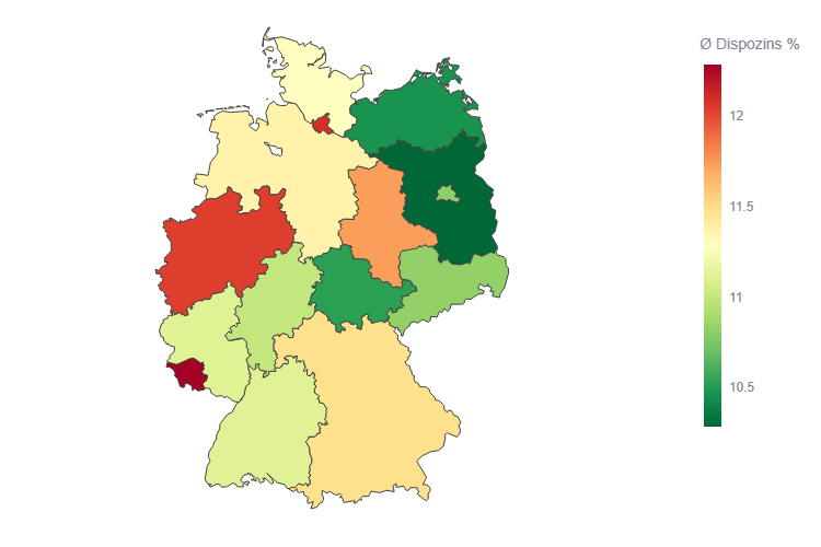 durchschnittliche Höhe der Dispozinsen der VR-Banken werden anhand einer Karte farblich für die jeweiligen Bundesländer gezeigt