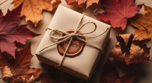Geschenk im Herbst mit Blättern