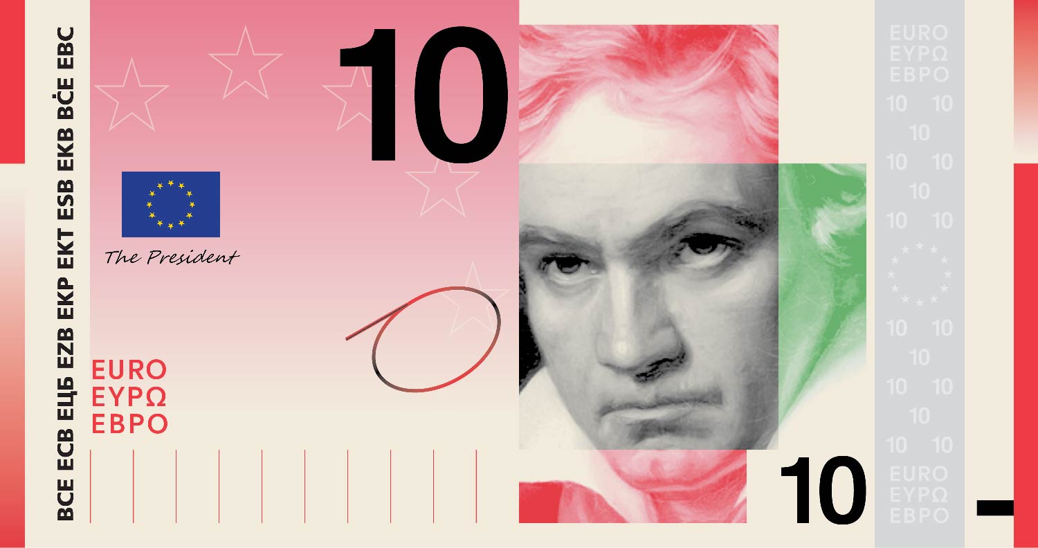 Neues Eurodesign der Serie A von Studio Joost Grootens. Die Vorderseite des 10-Euro-Scheins zeigt deutschen Komponisten Ludwig van Beethoven.