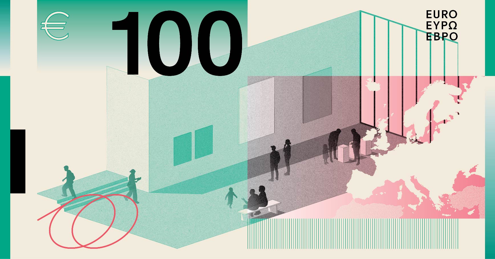 Neues Eurodesign der Serie A von Studio Joost Grootens. Die Rückseite des 100-Euro-Scheins zeigt zum Thema "Museen und Ausstellungen" Menschen in einer Ausstellung.
