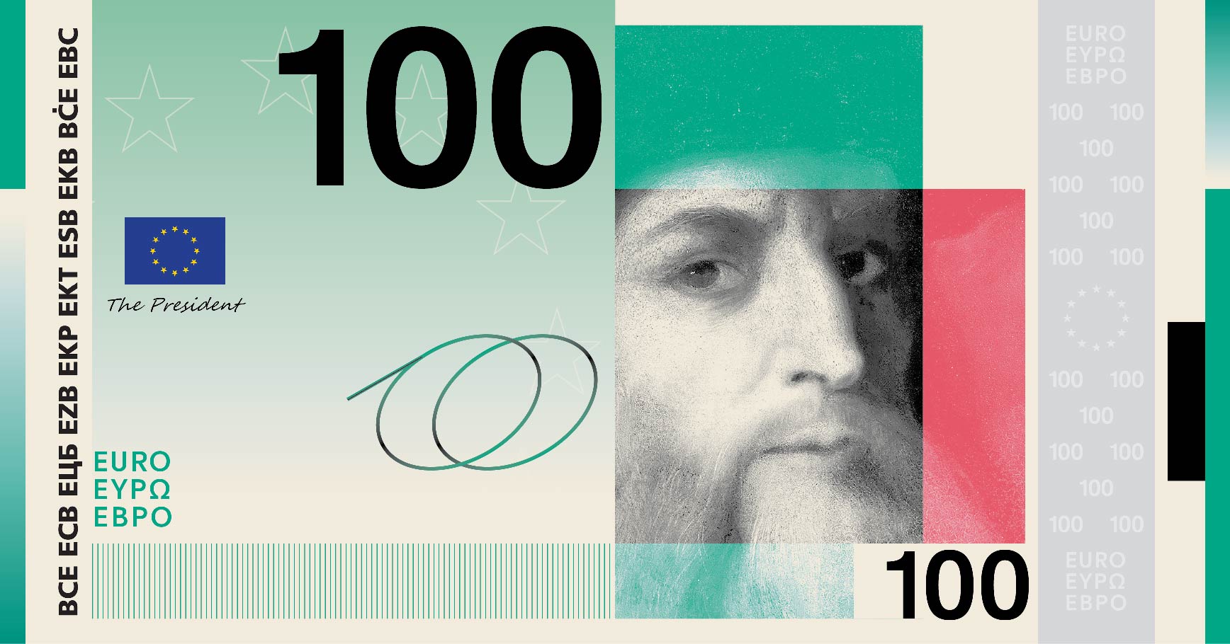 Neues Eurodesign der Serie A von Studio Joost Grootens. Die Vorderseite des 100-Euro-Scheins zeigt den italienischen Künstler und Erfinder Leonardo da Vinci.