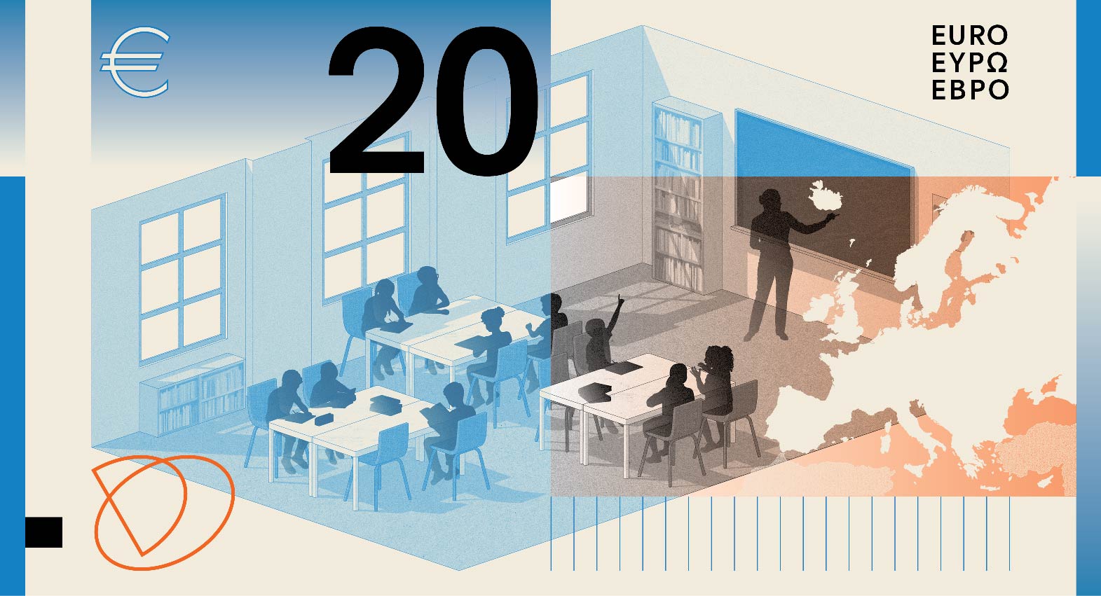 Neues Eurodesign der Serie A von Studio Joost Grootens. Die Rückseite des 20-Euro-Scheins zeigt zum Thema "Schulen und Universitäten" einen Lehrer an der Tafel in einem Klassenzimmer mit Schülern.