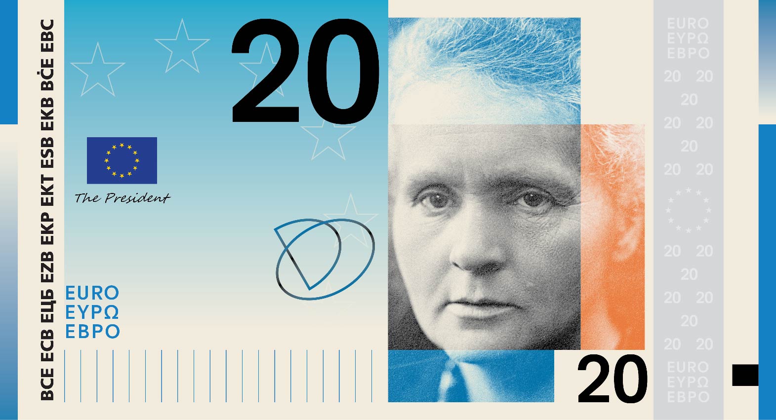 Neues Eurodesign der Serie A von Studio Joost Grootens. Die Vorderseite des 20-Euro-Scheins zeigt die polnisch-französische Physikerin Marie Skłodowska Curie.