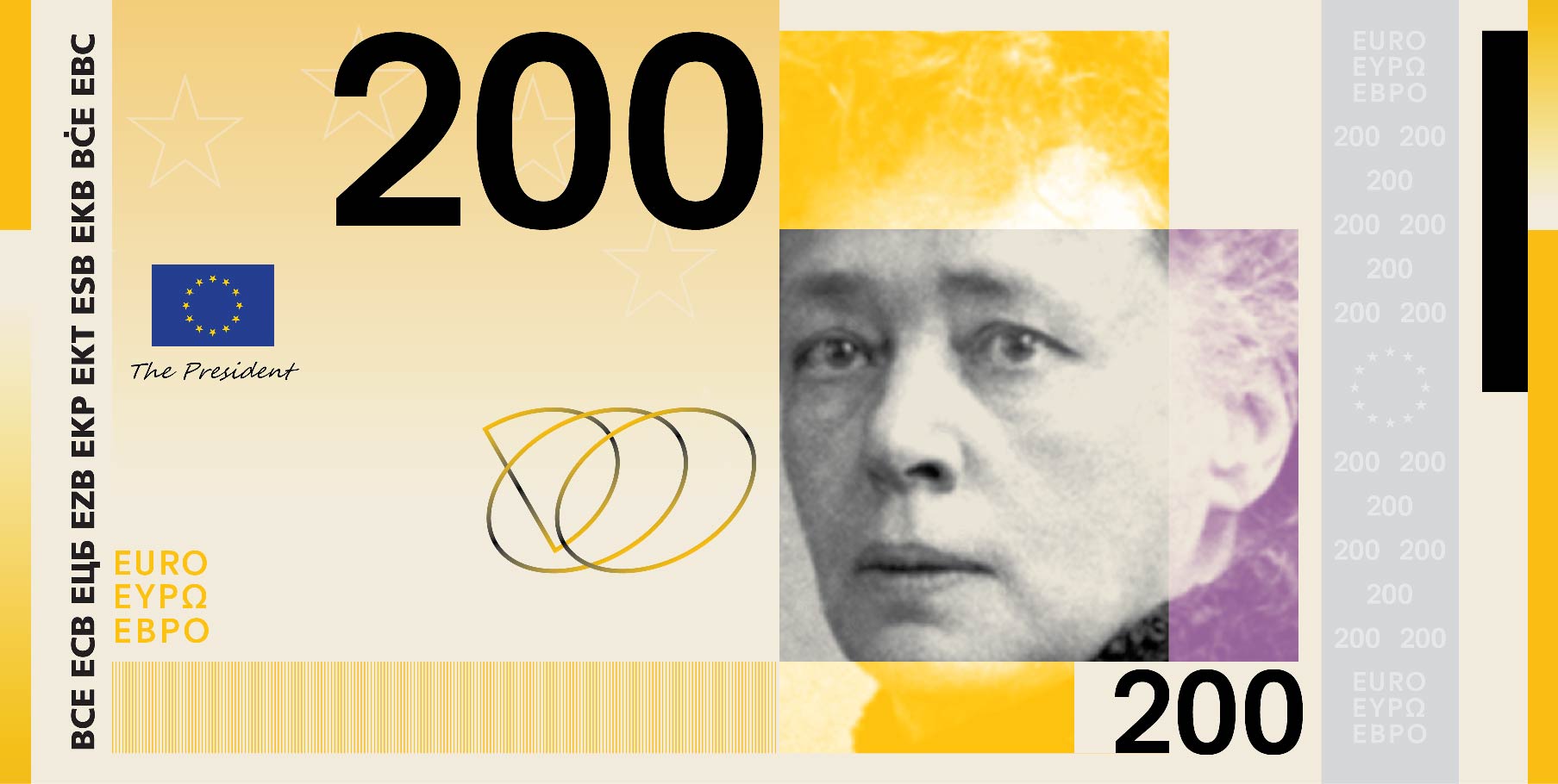 Neues Eurodesign der Serie A von Studio Joost Grootens. Die Vorderseite des 200-Euro-Scheins zeigt die österreichische Pazifistin Bertha von Suttner.