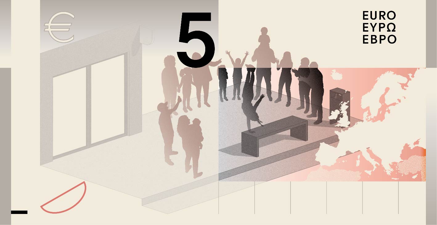 Neues Eurodesign der Serie A von Studio Joost Grootens. Die Rückseite des 5-Euro-Scheins zeigt zum Thema "Darstellende Kunst" einen tanzenden Straßenkünstler umgeben von Menschen.