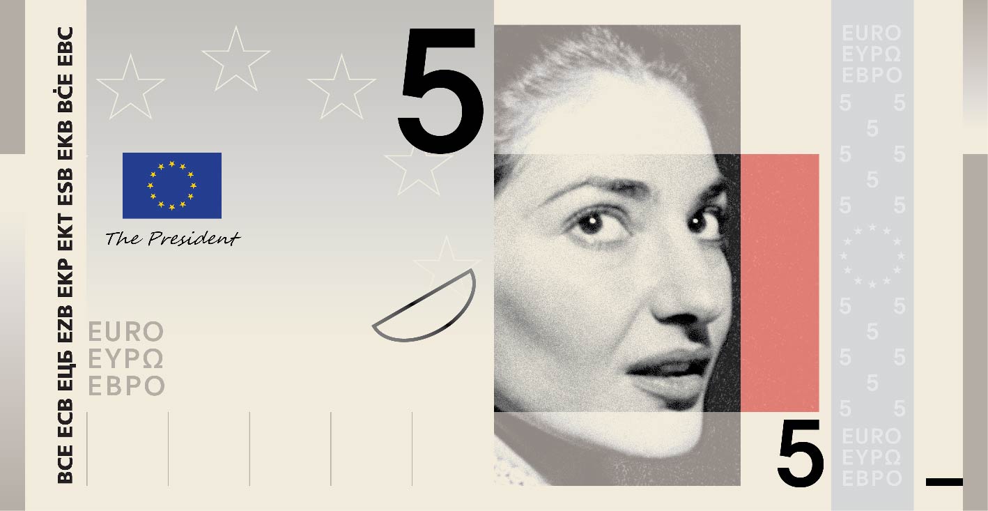Neues Eurodesign der Serie A von Studio Joost Grootens. Die Vorderseite des 5-Euro-Scheins zeigt griechisch-italienische Sopranistin Maria Callas.