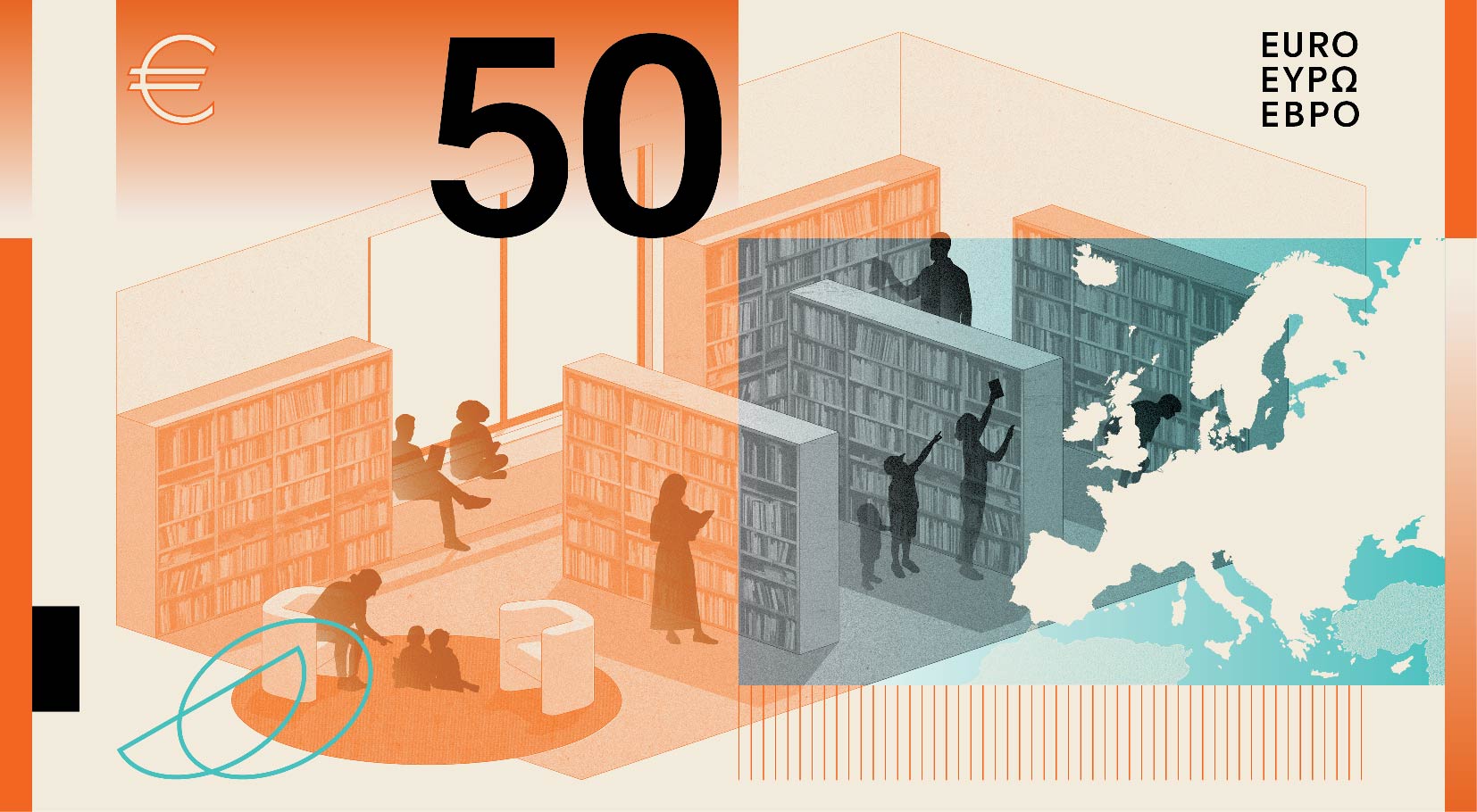 Neues Eurodesign der Serie A von Studio Joost Grootens. Die Rückseite des 50-Euro-Scheins zeigt zum Thema "Bibliotheken" lesende Menschen umgeben von Bücherregalen.