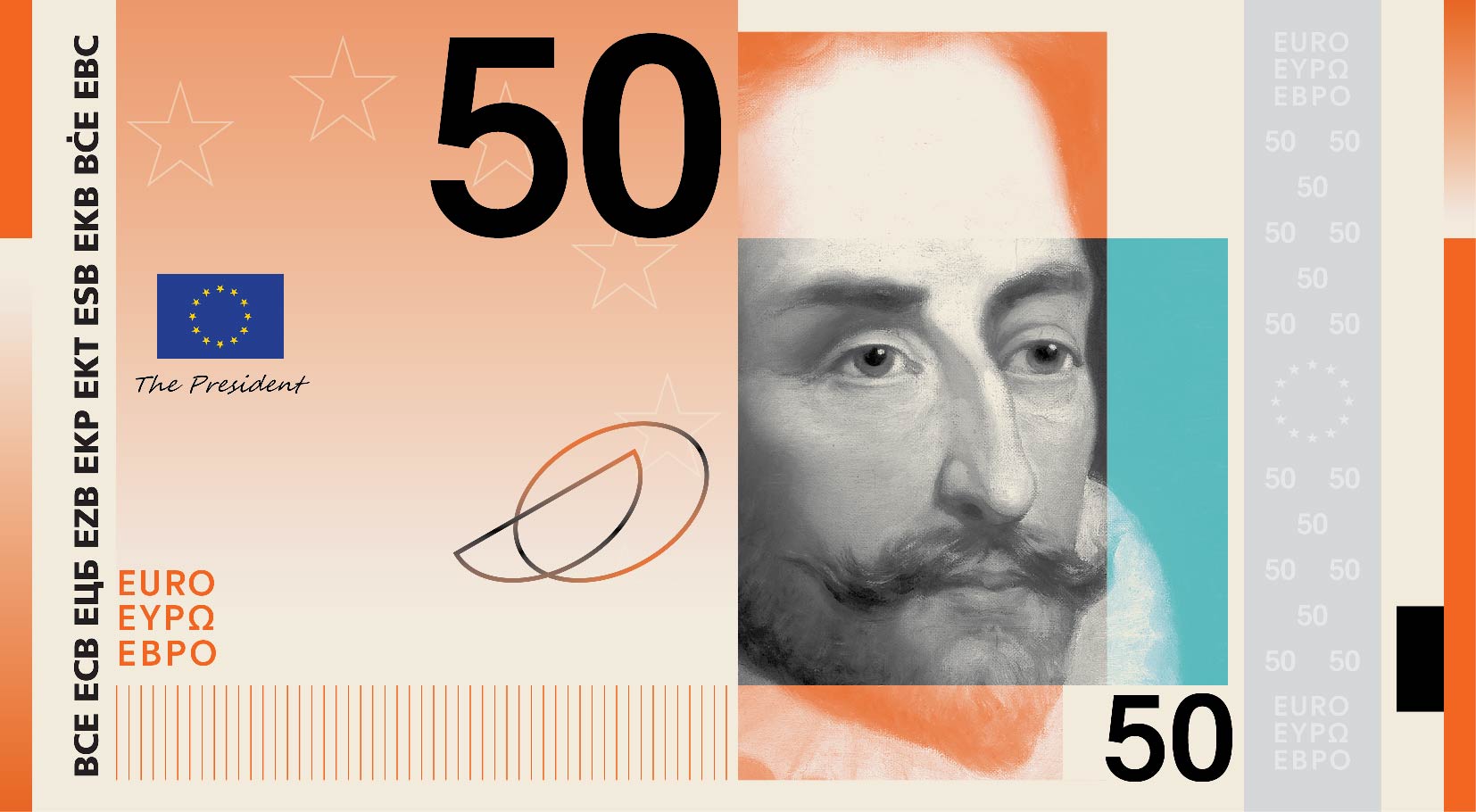 Neues Eurodesign der Serie A von Studio Joost Grootens. Die Vorderseite des 50-Euro-Scheins zeigt den spanischen Schriftsteller Miguel de Cervantes Saavedra.