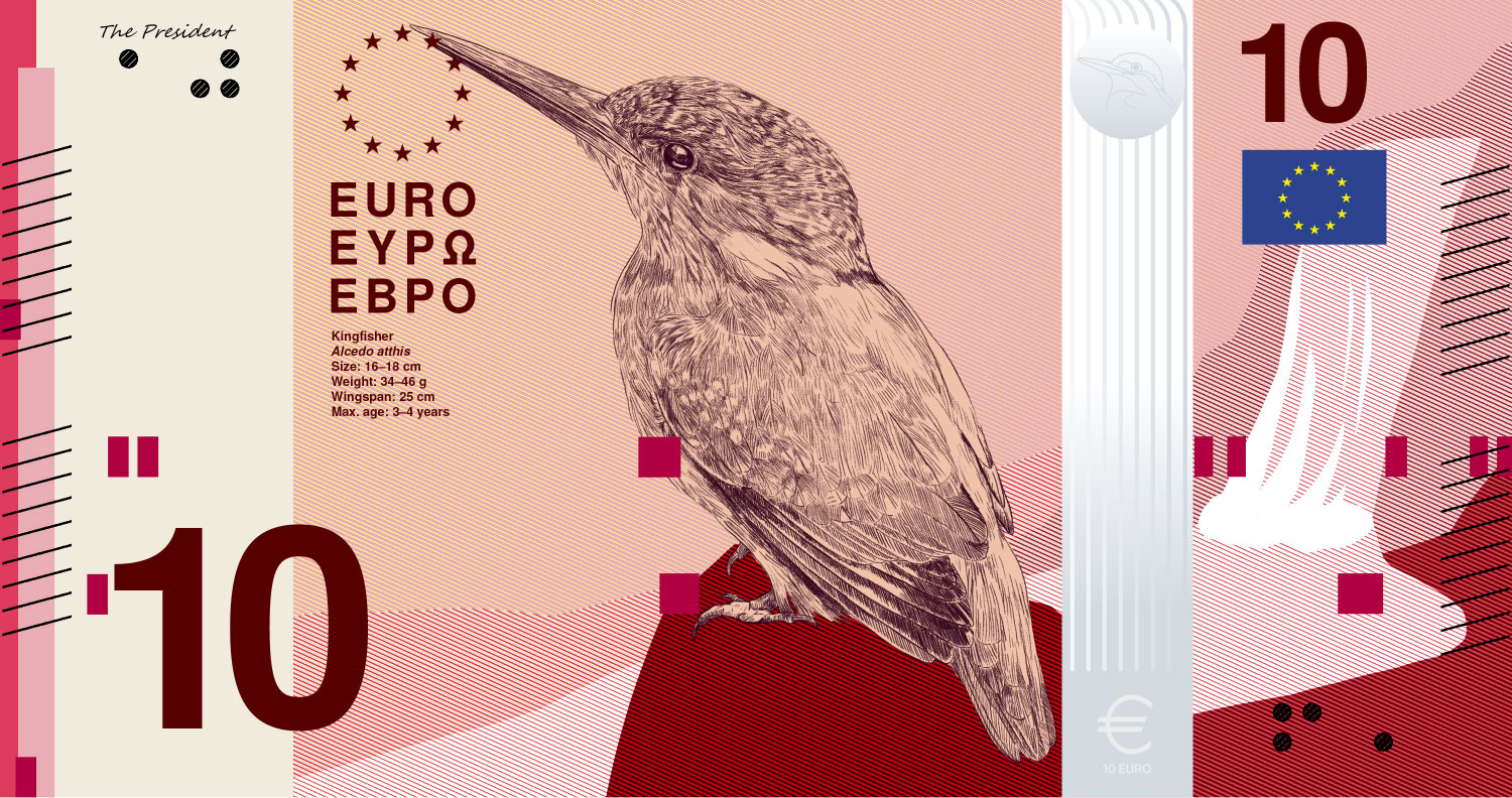 Neues Eurodesign der Serie B von PunktFormStrich. Die Vorderseite des 10-Euro-Scheins zeigt einen Eisvogel bei einem Wasserfall.