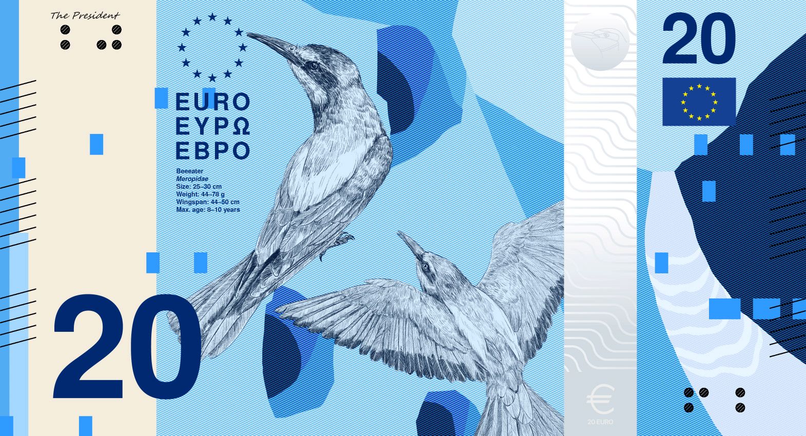 Neues Eurodesign der Serie B von PunktFormStrich. Die Vorderseite des 20-Euro-Scheins zeigt Bienenfresser in einem eingegrabenen Flusstal.
