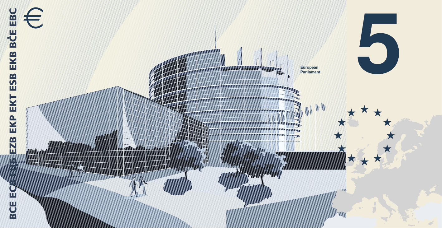 Neues Eurodesign der Serie B von PunktFormStrich. Die Rückseite des 5-Euro-Scheins zeigt das Europäische Parlament.