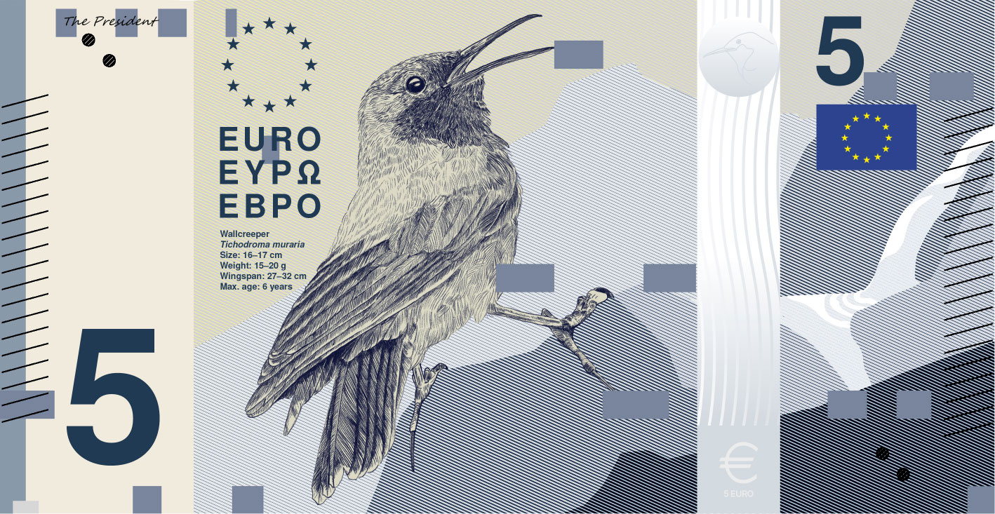 Neues Eurodesign der Serie B von PunktFormStrich. Die Vorderseite des 5-Euro-Scheins zeigt einen Mauerläufer nahe einer Gebirgsquelle.