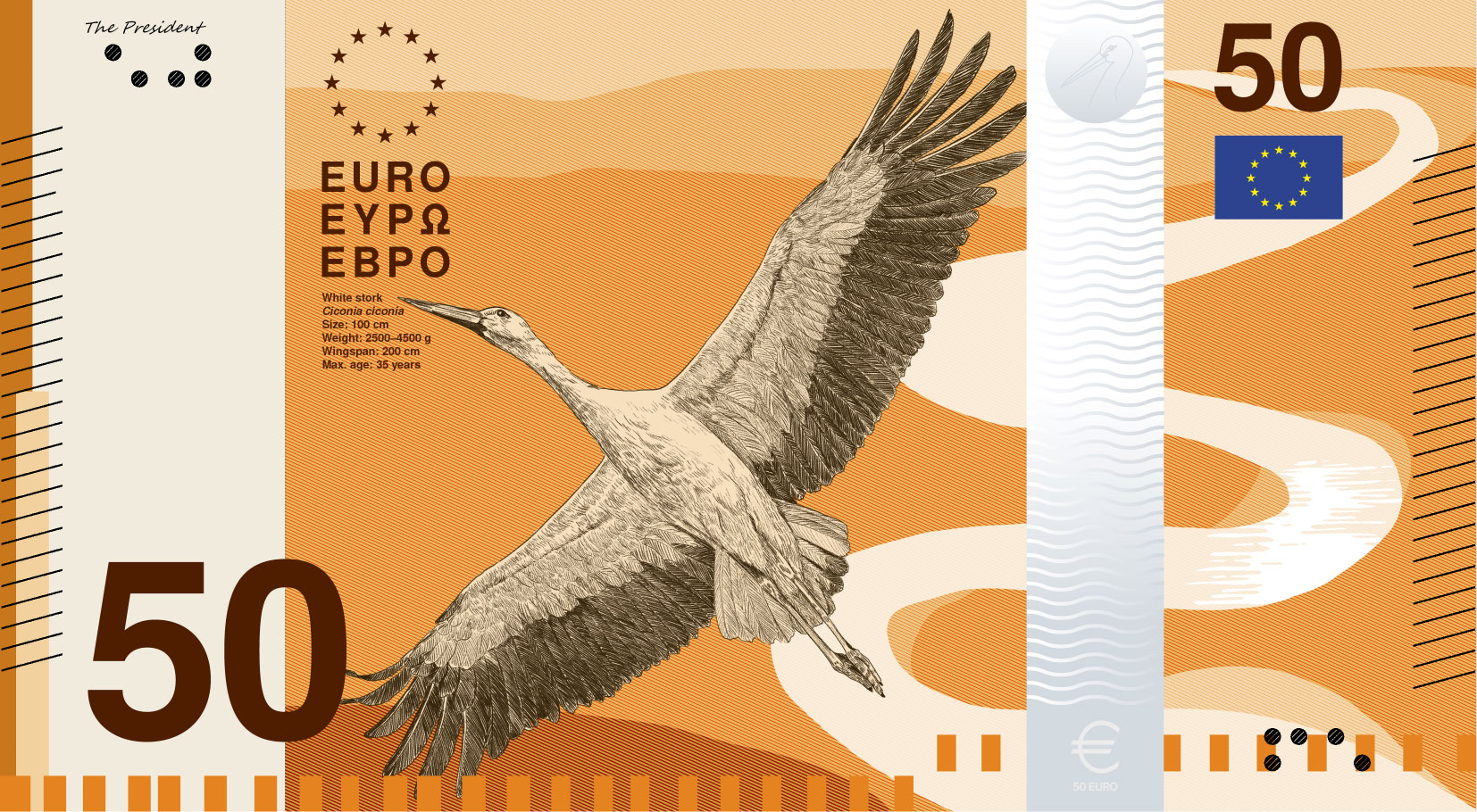 Neues Eurodesign der Serie B von PunktFormStrich. Die Vorderseite des 50-Euro-Scheins zeigt einen Weißstorch über einem gewundenen Fluss.