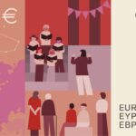 Neuer Eurodesignentwurf der Serie C von Neue Gestaltung GmbH. Die Rückseite des 10-Euro-Scheins zeigt zum Thema "Musik" einen Chor mit Dirigent und das Sternbild Drache über einer Karte Europas.
