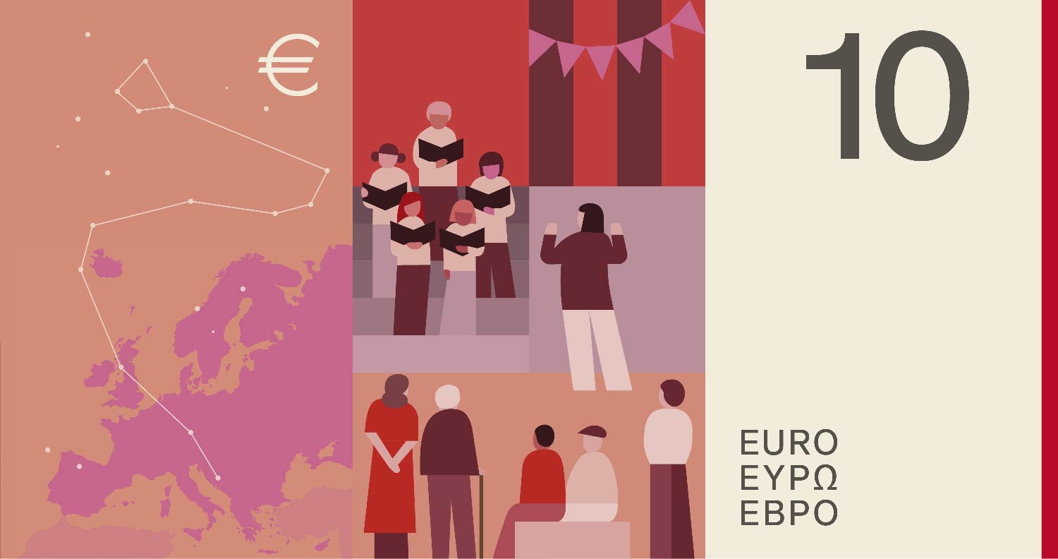 Neuer Eurodesignentwurf der Serie C von Neue Gestaltung GmbH. Die Rückseite des 10-Euro-Scheins zeigt zum Thema "Musik" einen Chor mit Dirigent und das Sternbild Drache über einer Karte Europas.