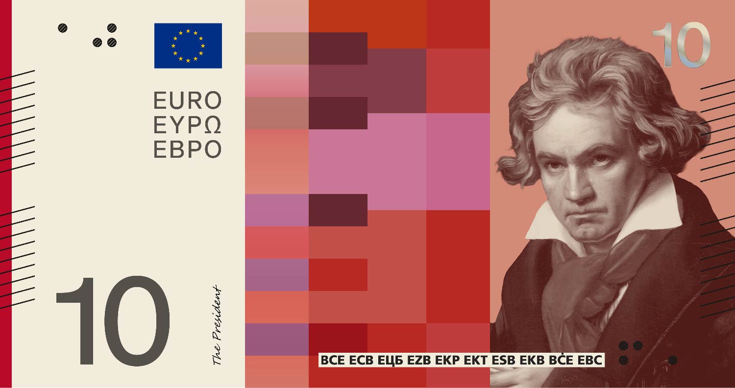 Neuer Eurodesignentwurf der Serie C von Neue Gestaltung GmbH. Die Vorderseite des 10-Euro-Scheins zeigt deutschen Komponisten Ludwig van Beethoven und ein abstraktes Klavier.