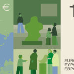 Neuer Eurodesignentwurf der Serie C von Neue Gestaltung GmbH. Die Rückseite des 100-Euro-Scheins zeigt zum Thema "Museen und Ausstellungen" Menschen, die Kunst betrachten und das Sternbild Kepheus über einer Karte Europas.