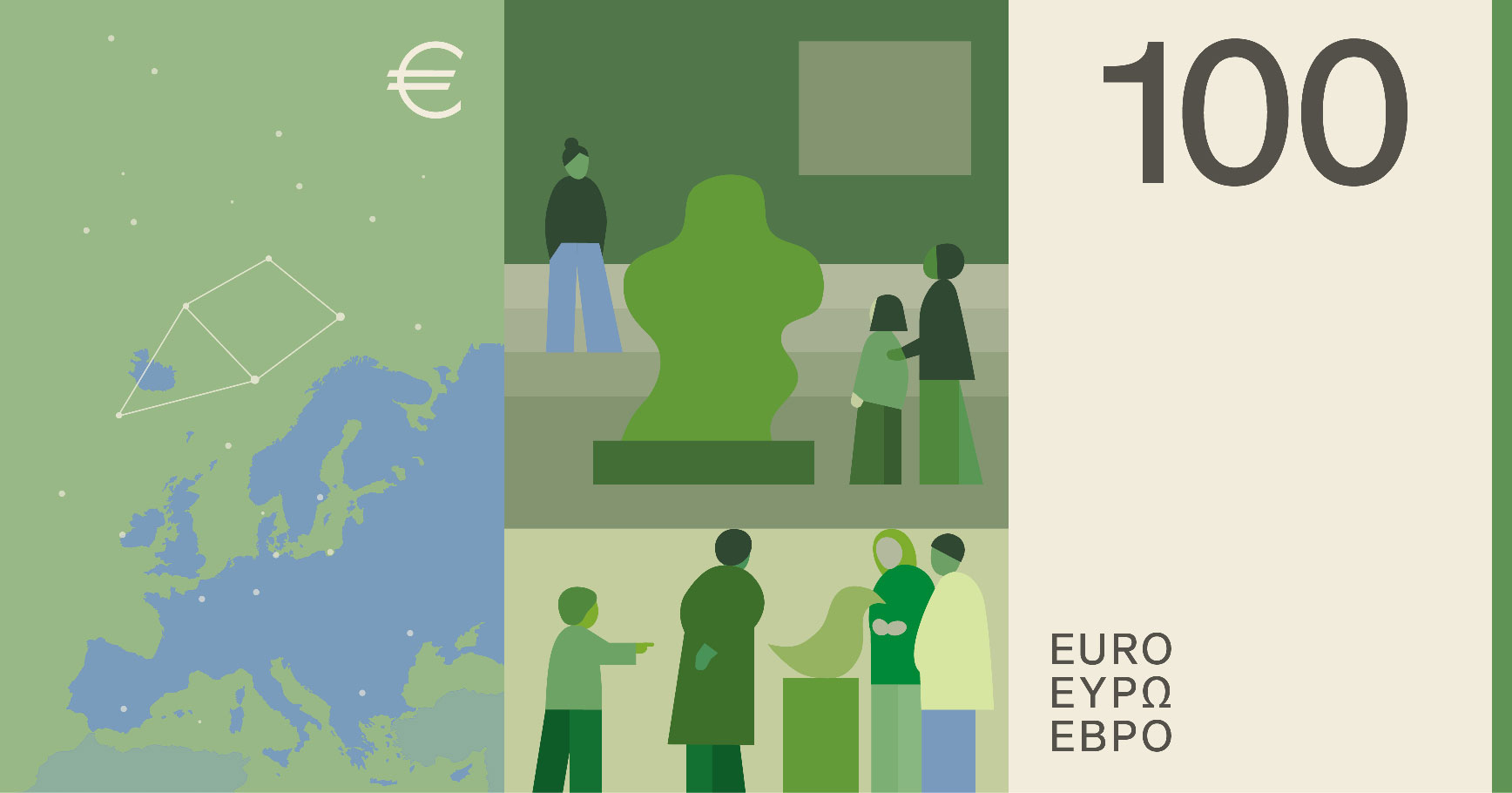 Neuer Eurodesignentwurf der Serie C von Neue Gestaltung GmbH. Die Rückseite des 100-Euro-Scheins zeigt zum Thema "Museen und Ausstellungen" Menschen, die Kunst betrachten und das Sternbild Kepheus über einer Karte Europas.
