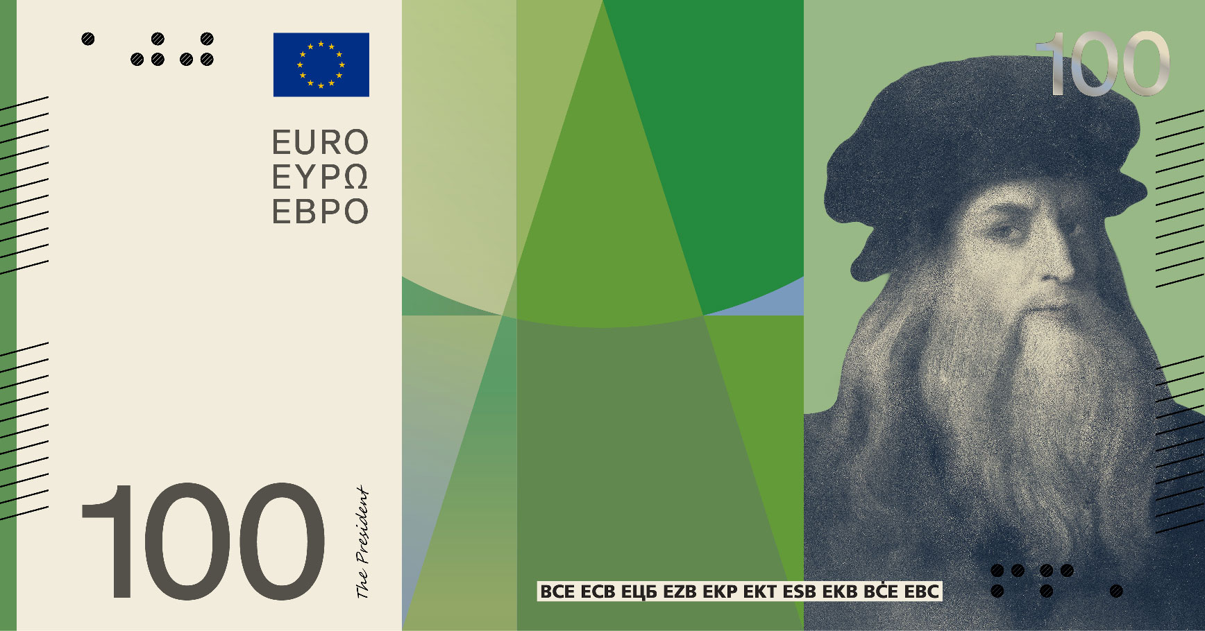 Neuer Eurodesignentwurf der Serie C von Neue Gestaltung GmbH. Die Vorderseite des 100-Euro-Scheins zeigt den italienischen Künstler und Erfinder Leonardo da Vinci.