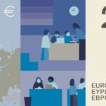 Neuer Eurodesignentwurf der Serie C von Neue Gestaltung GmbH. Die Rückseite des 20-Euro-Scheins zeigt zum Thema "Schulen und Universitäten" eine Schulklasse mit Lehrer, Studenten und das Sternbild Kassiopeia über einer Karte Europas.