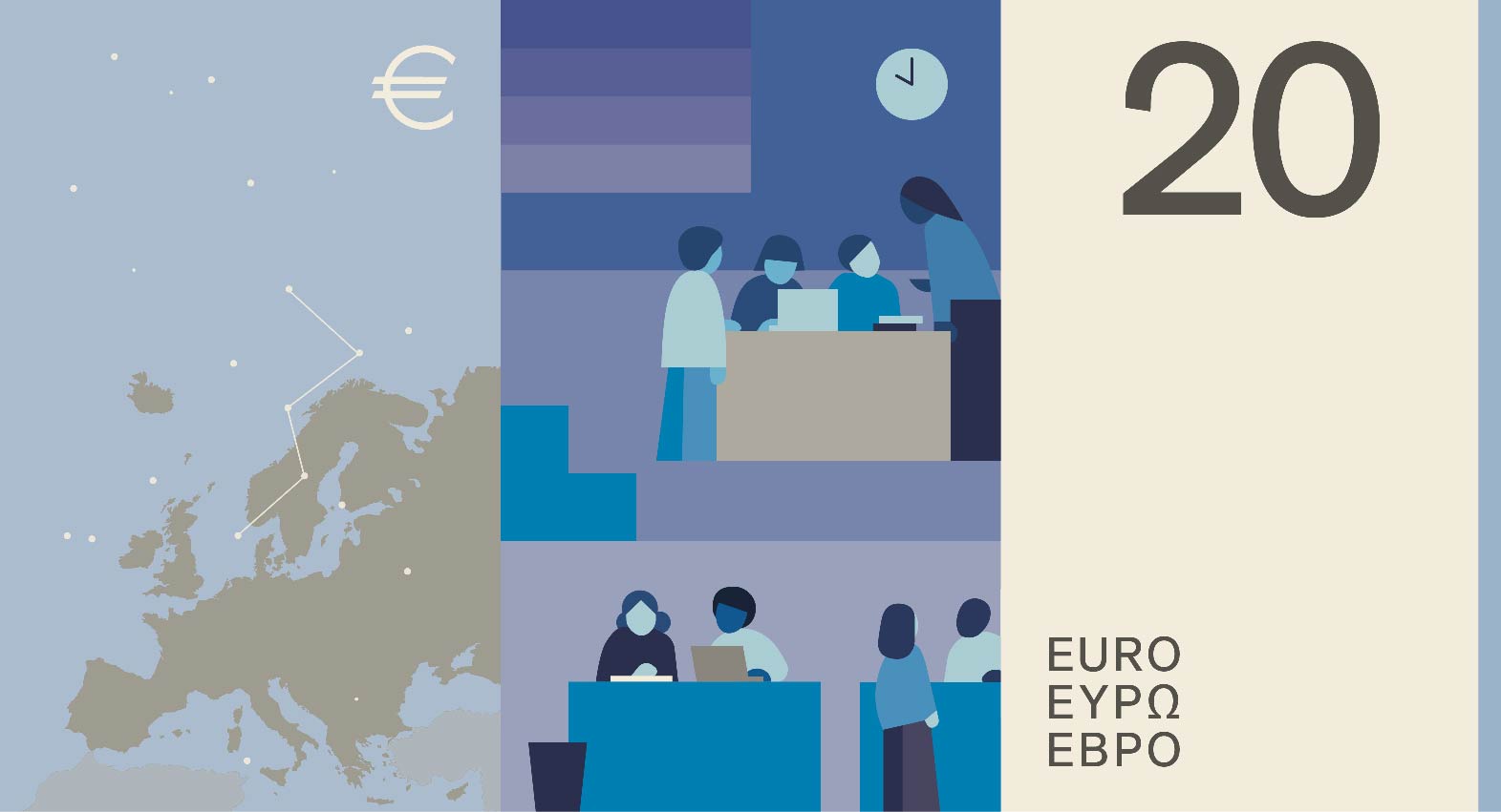Neuer Eurodesignentwurf der Serie C von Neue Gestaltung GmbH. Die Rückseite des 20-Euro-Scheins zeigt zum Thema "Schulen und Universitäten" eine Schulklasse mit Lehrer, Studenten und das Sternbild Kassiopeia über einer Karte Europas.