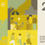 Neuer Eurodesignentwurf der Serie C von Neue Gestaltung GmbH. Die Rückseite des 100-Euro-Scheins zeigt zum Thema "Öffentliche Plätze" verschiedene Menschen auf einem öffentlichen Platz und das Sternbild Kleiner Bär über einer Karte Europas.