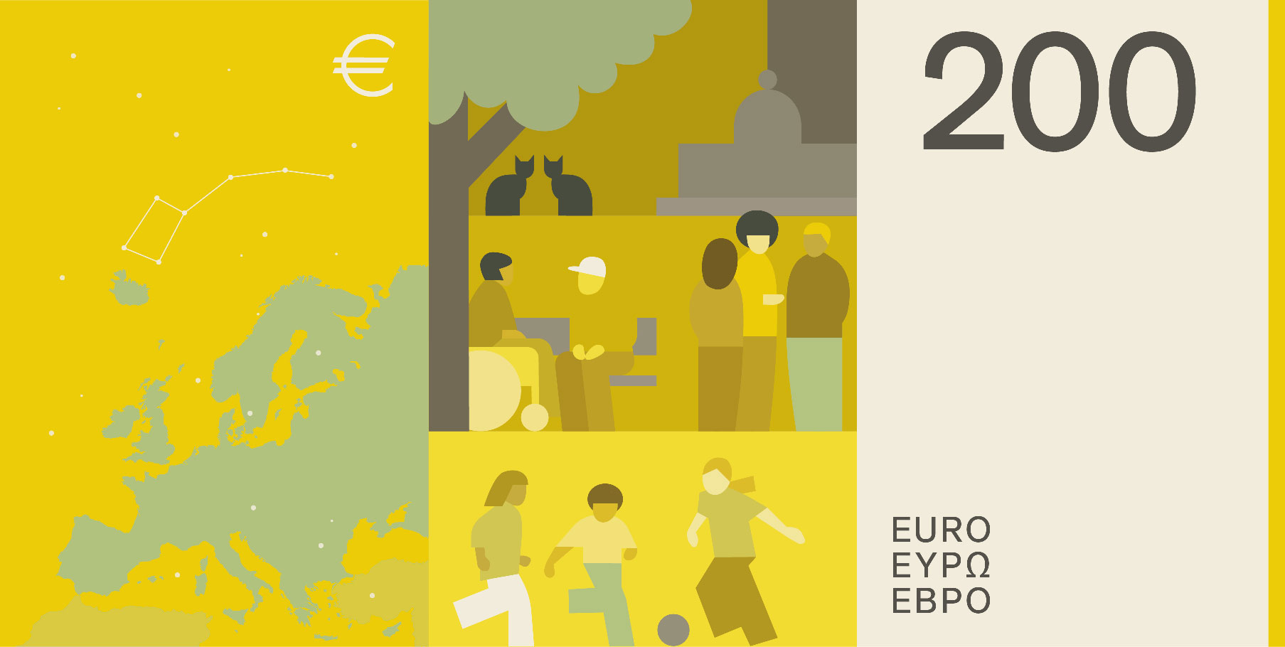 Neuer Eurodesignentwurf der Serie C von Neue Gestaltung GmbH. Die Rückseite des 100-Euro-Scheins zeigt zum Thema "Öffentliche Plätze" verschiedene Menschen auf einem öffentlichen Platz und das Sternbild Kleiner Bär über einer Karte Europas.