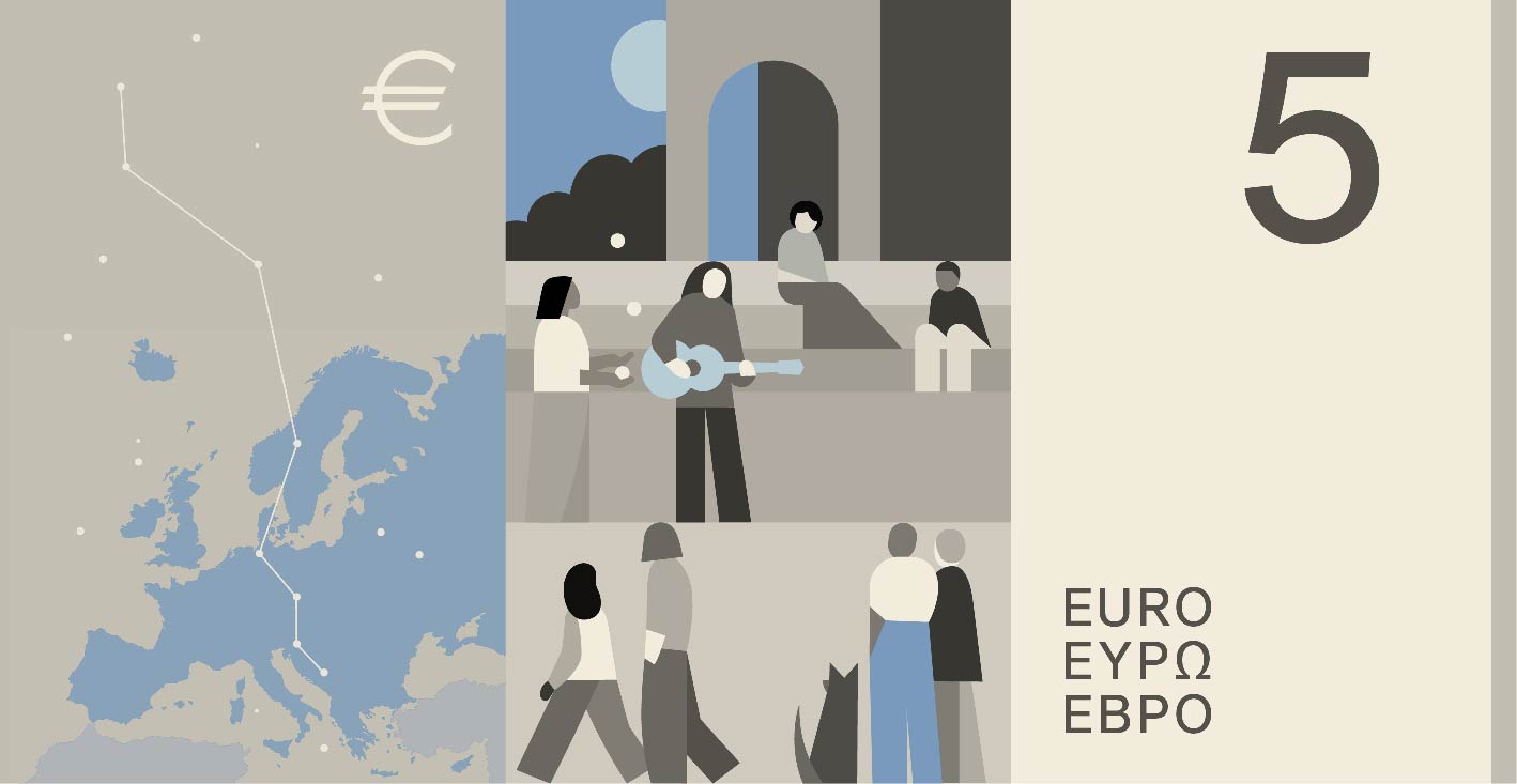 Neuer Eurodesignentwurf der Serie C von Neue Gestaltung GmbH. Die Rückseite des 5-Euro-Scheins zeigt zum Thema "Darstellende Kunst" einen Straßenmusiker, Zuschauer und das Sternbild Luchs über einer Karte Europas.