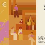 Neuer Eurodesignentwurf der Serie C von Neue Gestaltung GmbH. Die Rückseite des 50-Euro-Scheins zeigt zum Thema "Bibliotheken" lesende Menschen in einer Bibliothek und das Sternbild Großer Bär über einer Karte Europas.