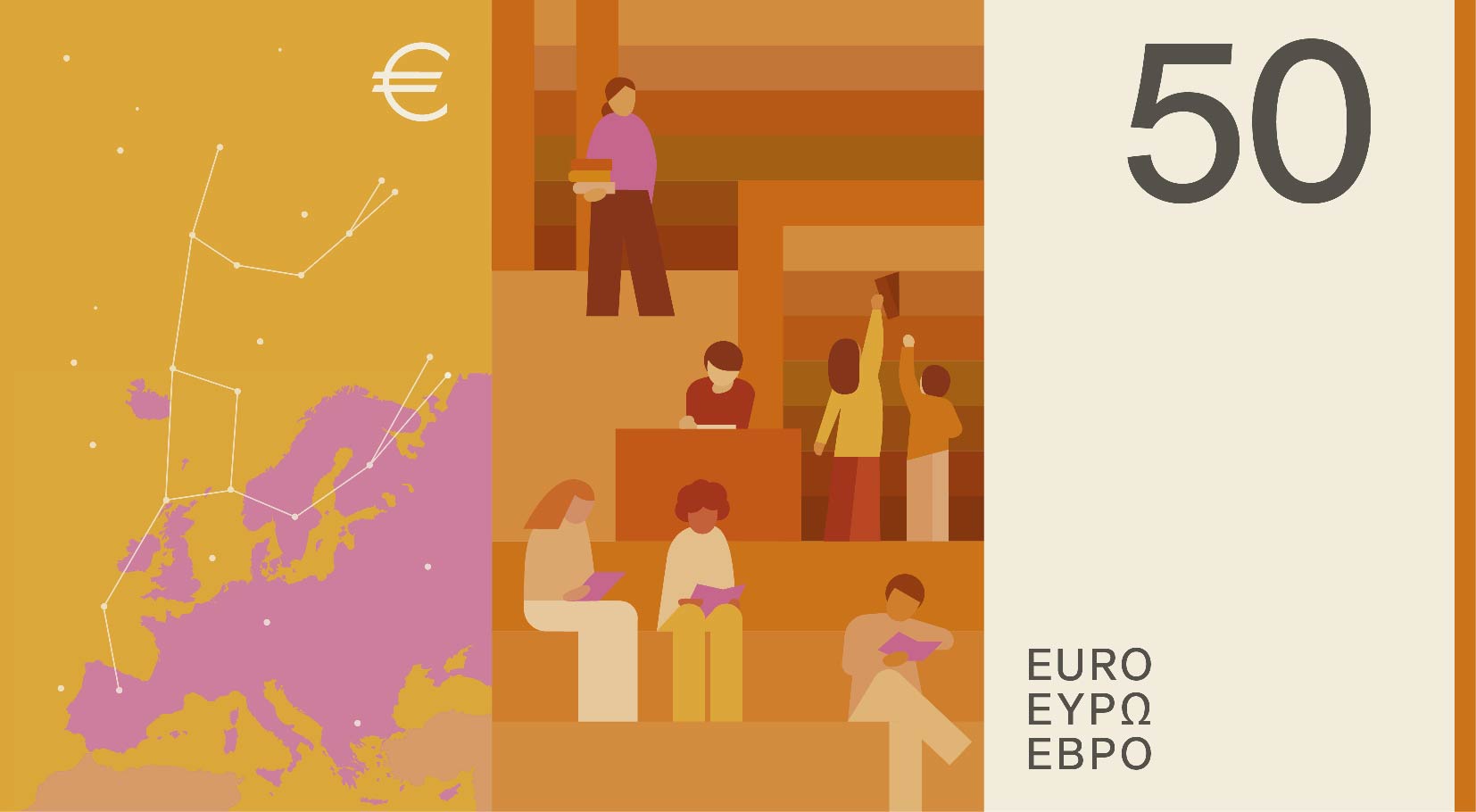 Neuer Eurodesignentwurf der Serie C von Neue Gestaltung GmbH. Die Rückseite des 50-Euro-Scheins zeigt zum Thema "Bibliotheken" lesende Menschen in einer Bibliothek und das Sternbild Großer Bär über einer Karte Europas.
