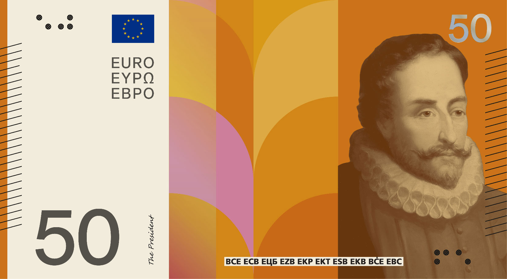 Neuer Eurodesignentwurf der Serie C von Neue Gestaltung GmbH. Die Vorderseite des 50-Euro-Scheins zeigt den spanischen Schriftsteller Miguel de Cervantes Saavedra und stilisiert ein offenes Buch.
