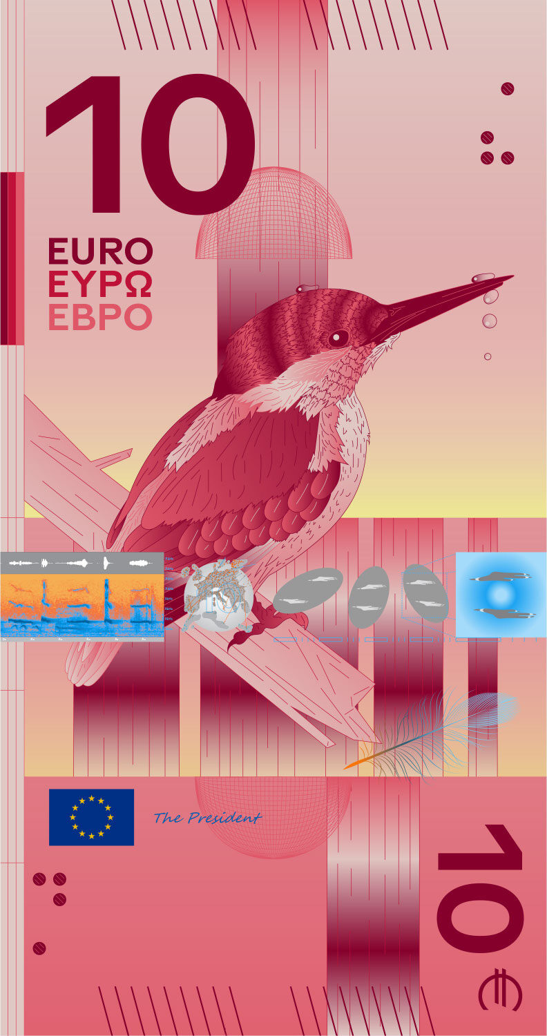 Neuer Eurodesignentwurf der Serie D von Rudy Guedj und François Girard-Meunier. Die Vorderseite des 10-Euro-Scheins ist hochkant und zeigt einen Eisvogel vor einem stilisierten Wasserfall. Details wie der Ruf, die Verbreitung, das Gangmuster und eine Feder überlagern das Motiv.