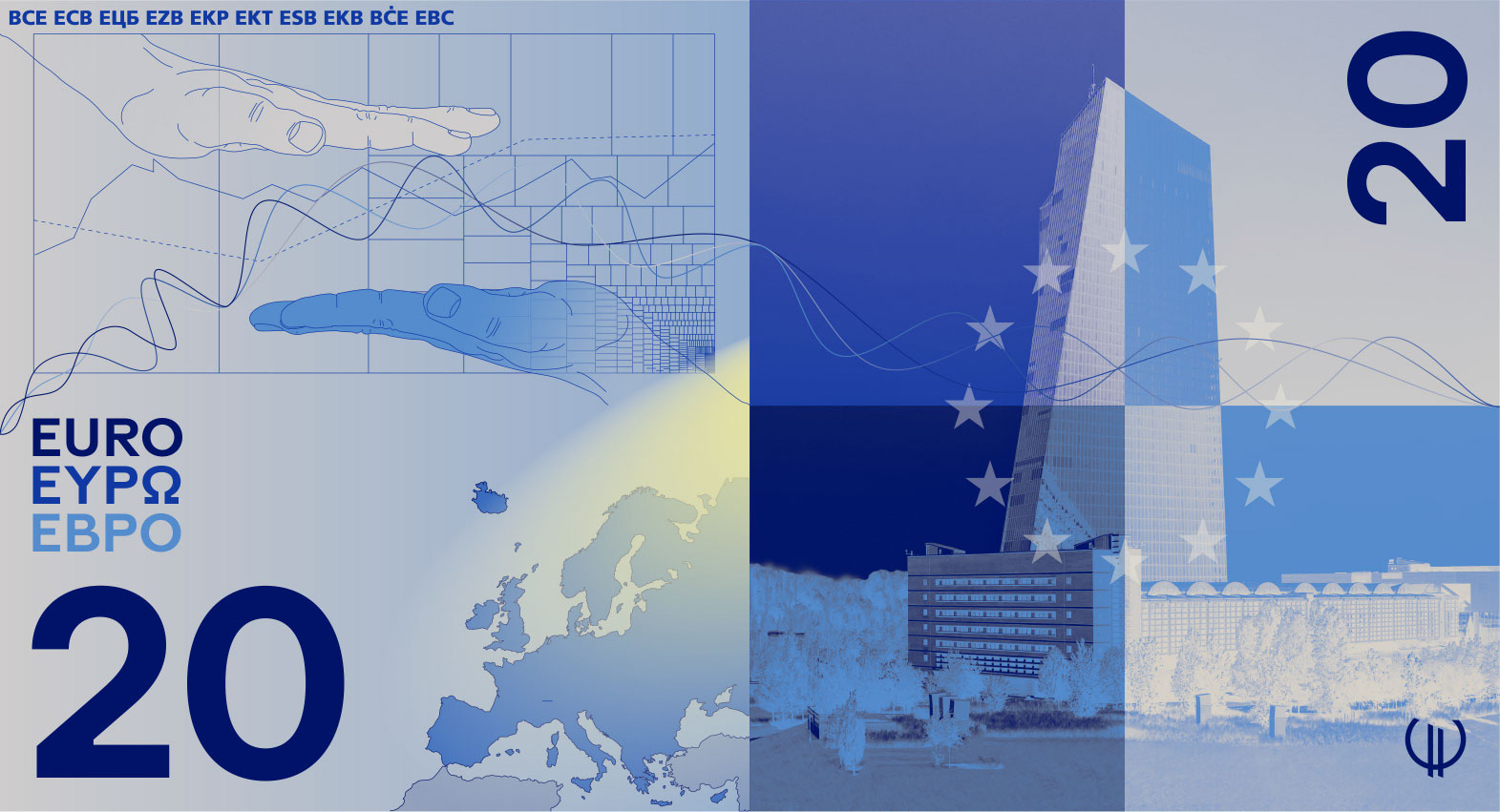 Neuer Eurodesignentwurf der Serie D von Rudy Guedj und François Girard-Meunier. Die Rückseite des 20-Euro-Scheins zeigt gestikulierende Hände und die Europäische Zentralbank.