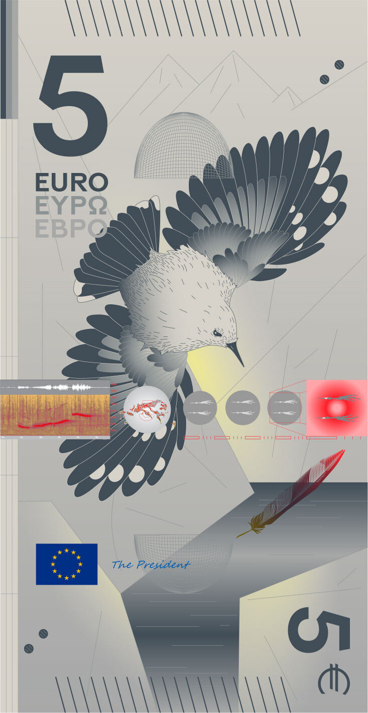 Neuer Eurodesignentwurf der Serie D von Rudy Guedj und François Girard-Meunier. Die Vorderseite des 5-Euro-Scheins ist hochkant und zeigt einen Mauerläufer in einer stilisierten Umgebung. Details wie der Ruf, die Verbreitung, das Gangmuster und eine Feder überlagern das Motiv.