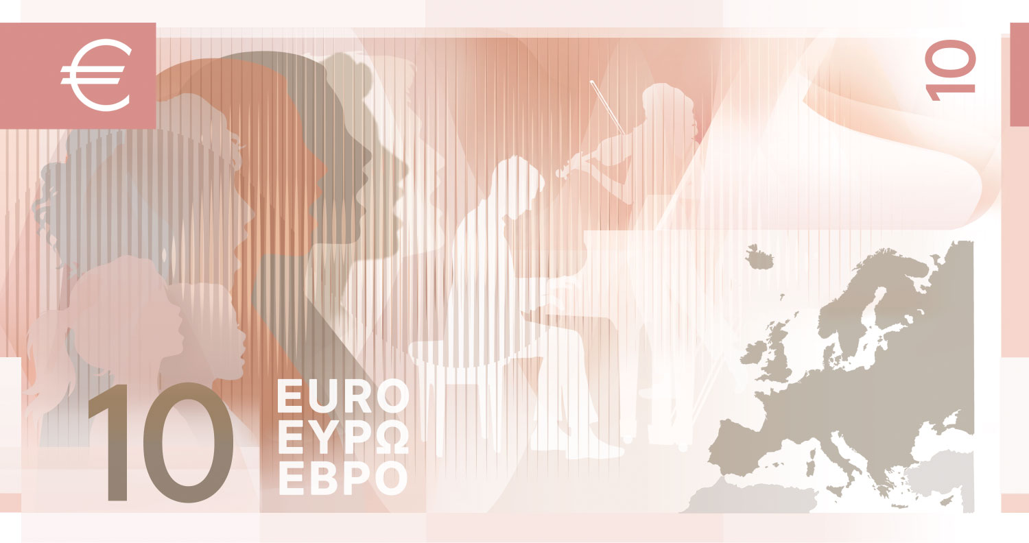 Neuer Eurodesignentwurf der Serie E von Myrsini Vardopoulou. Die Rückseite des 10-Euro-Scheins zeigt zum Thema "Musik" einen Klavierspieler, eine Violine und einen Chor und eine Karte Europas.