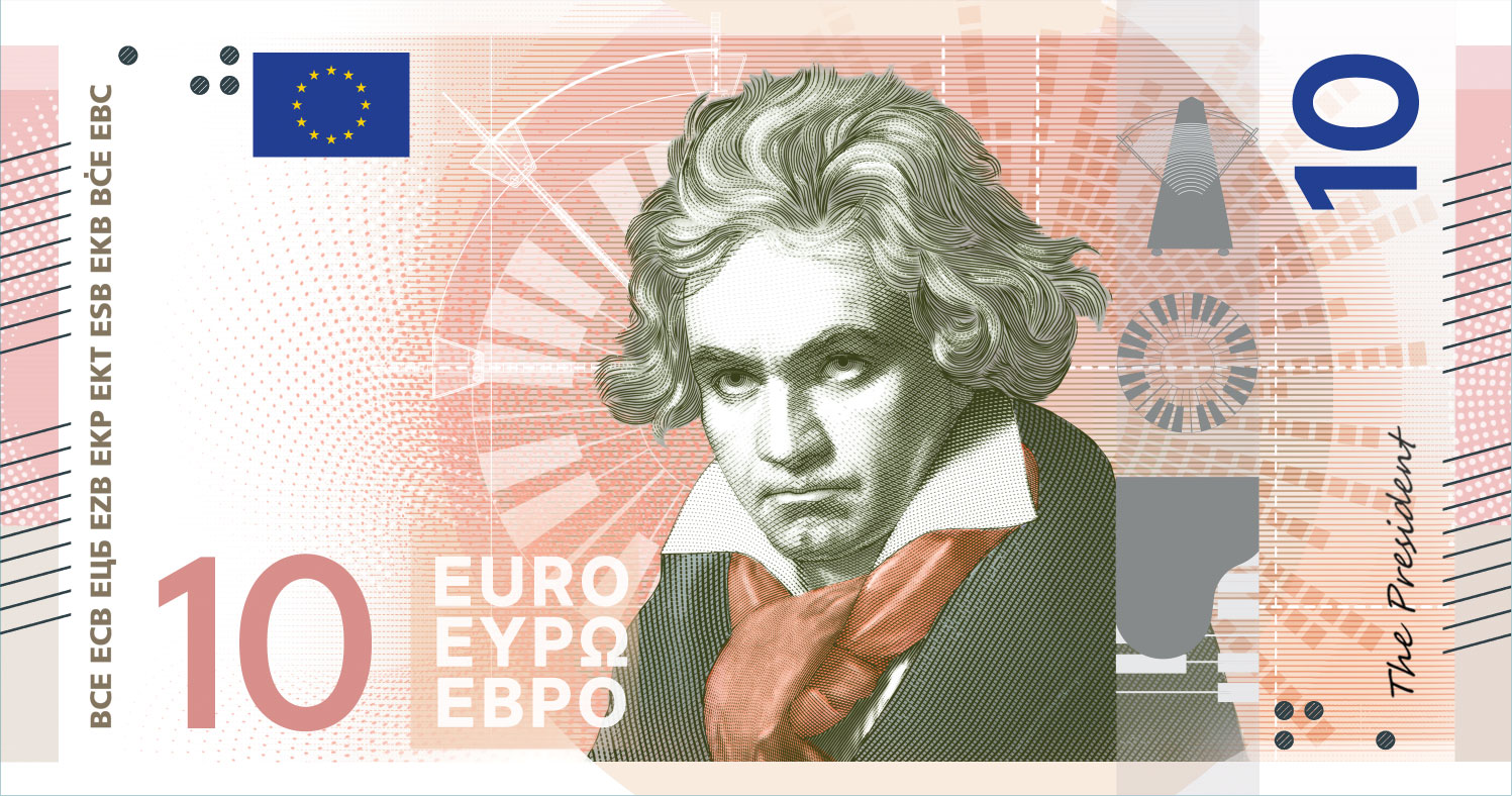 Neuer Eurodesignentwurf der Serie E von Myrsini Vardopoulou. Die Vorderseite des 10-Euro-Scheins zeigt deutschen Komponisten Ludwig van Beethoven. Im Folienstreifen sind ein Metronom, eine Klavier und eine Klaviertastatur erkennbar.
