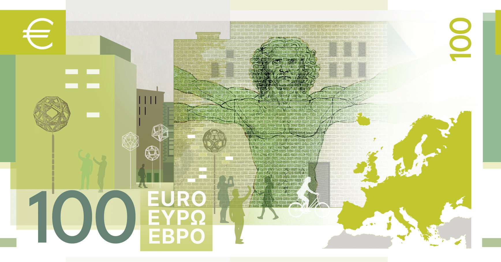 Neuer Eurodesignentwurf der Serie E von Myrsini Vardopoulou. Die Rückseite des 100-Euro-Scheins zeigt zum Thema "Museen und Ausstellungen" Menschen vor Streetart des Vitruvianischen Mannes und Skulpturen von Rhombenkuboktaeder sowie eine Karte Europas.