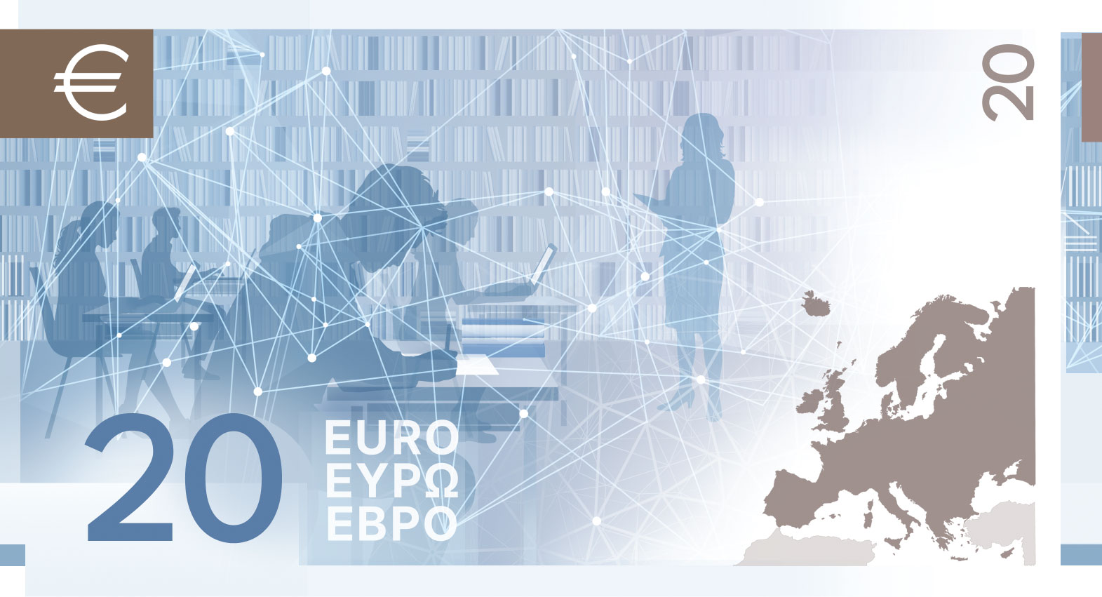 Neuer Eurodesignentwurf der Serie E von Myrsini Vardopoulou. Die Rückseite des 20-Euro-Scheins zeigt zum Thema "Schulen und Universitäten" eine Dozentin vor einer Klasse und eine Karte Europas.