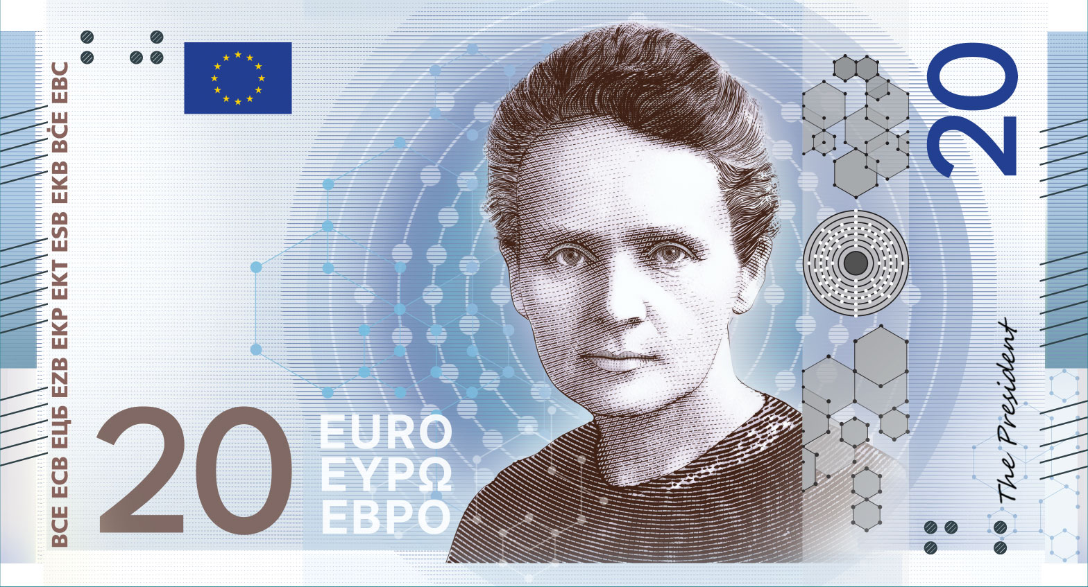 Neuer Eurodesignentwurf der Serie E von Myrsini Vardopoulou. Die Vorderseite des 20-Euro-Scheins zeigt die polnisch-französische Physikerin Marie Skłodowska Curie. Im Folienstreifen sind ein Atommodell von Cäsium und Sechsecke, die die Kristallstruktur von Curium andeuten, erkennbar.