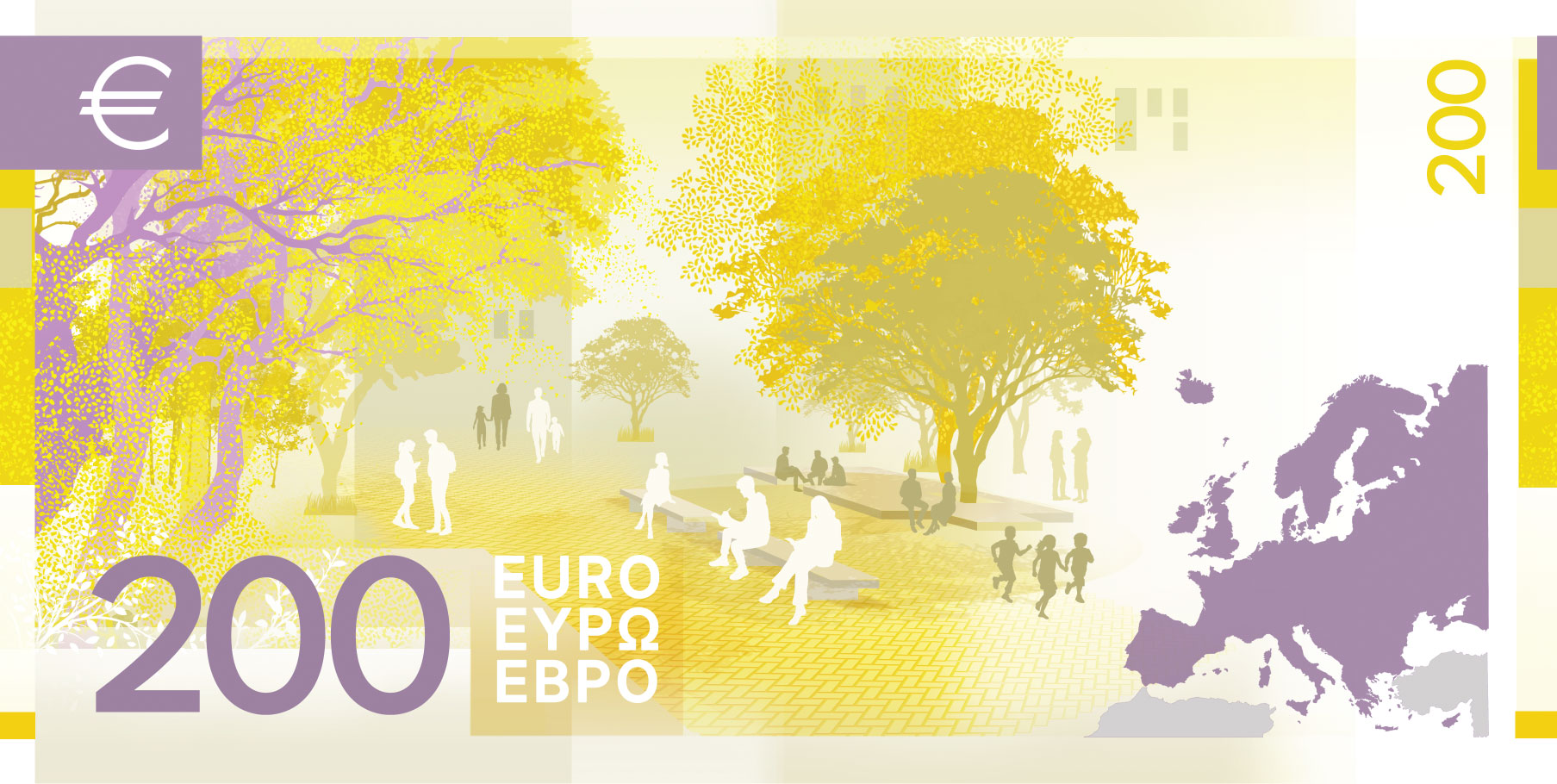 Neuer Eurodesignentwurf der Serie E von Myrsini Vardopoulou. Die Rückseite des 100-Euro-Scheins zeigt zum Thema "Öffentliche Plätze" verschiedene Menschen auf einem öffentlichen Platz und eine Karte Europas.