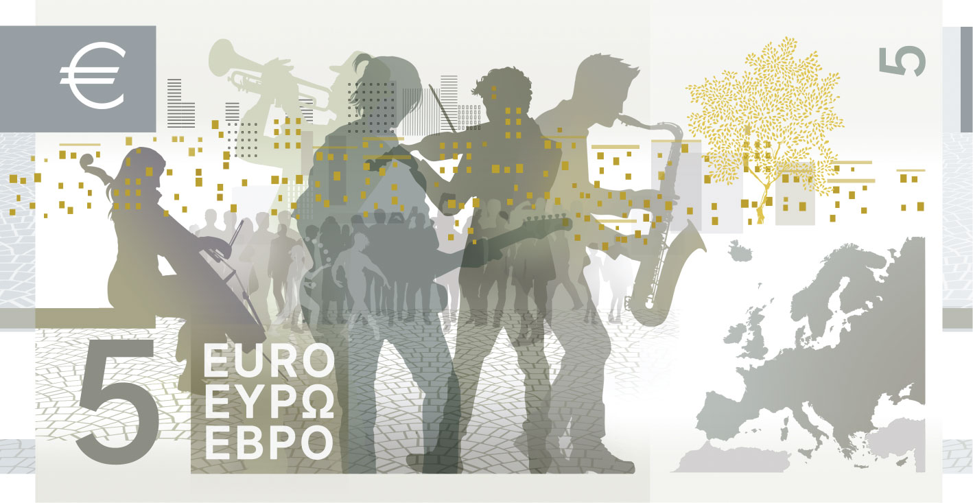 Neuer Eurodesignentwurf der Serie E von Myrsini Vardopoulou. Die Rückseite des 5-Euro-Scheins zeigt zum Thema "Darstellende Kunst" mehrere Silhouetten Straßenmusiker und Straßenkünstler auf einem Platz und eine Karte Europas.