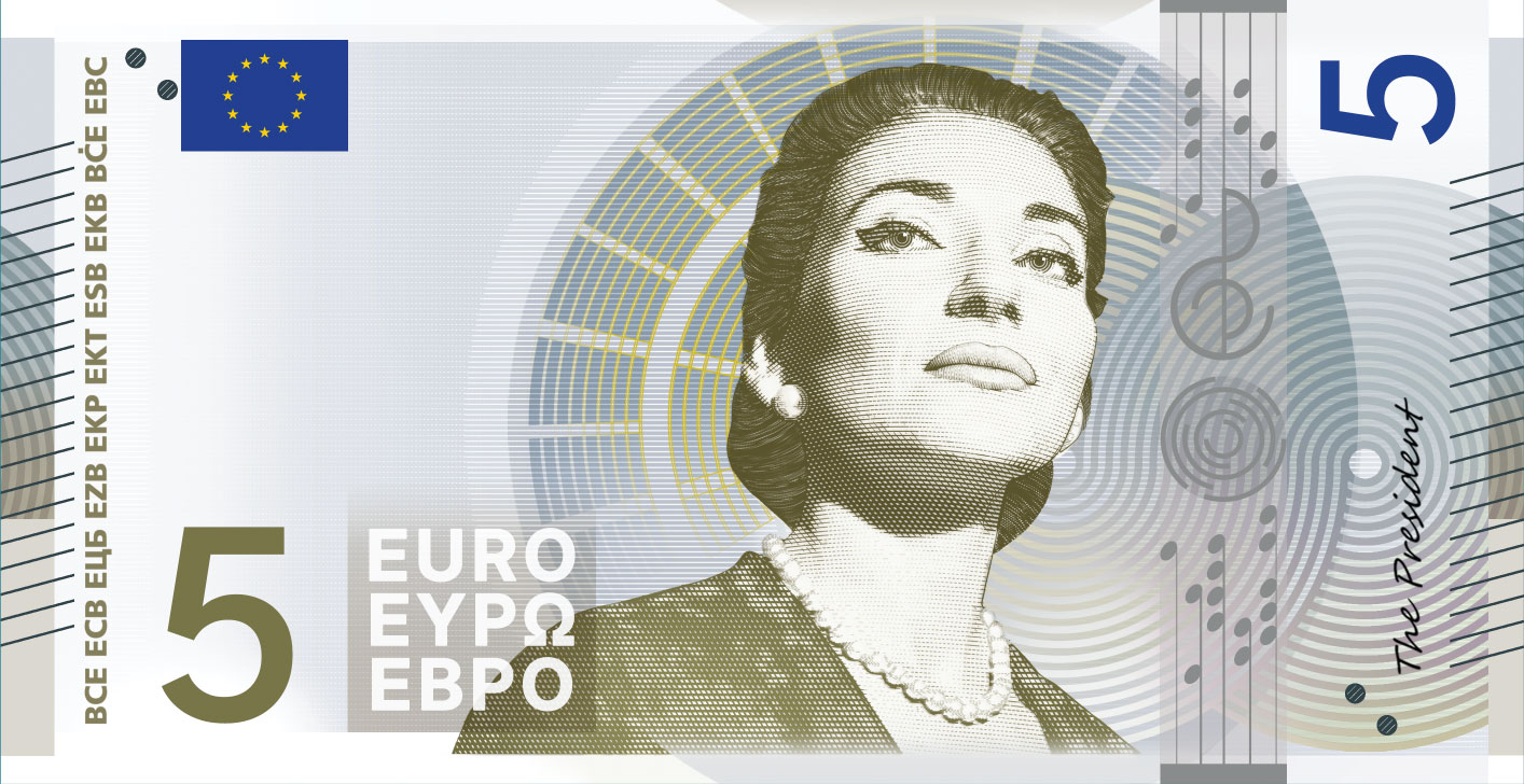 Neuer Eurodesignentwurf der Serie E von Myrsini Vardopoulou. Die Vorderseite des 5-Euro-Scheins zeigt griechisch-italienische Sopranistin Maria Callas. Im Folienstreifen sind Noten und ein Notenschlüssel erkennbar.