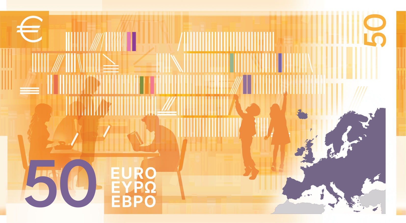 Neuer Eurodesignentwurf der Serie E von Myrsini Vardopoulou. Die Rückseite des 50-Euro-Scheins zeigt zum Thema "Bibliotheken" lesende Menschen in einer Bibliothek und eine Karte Europas.