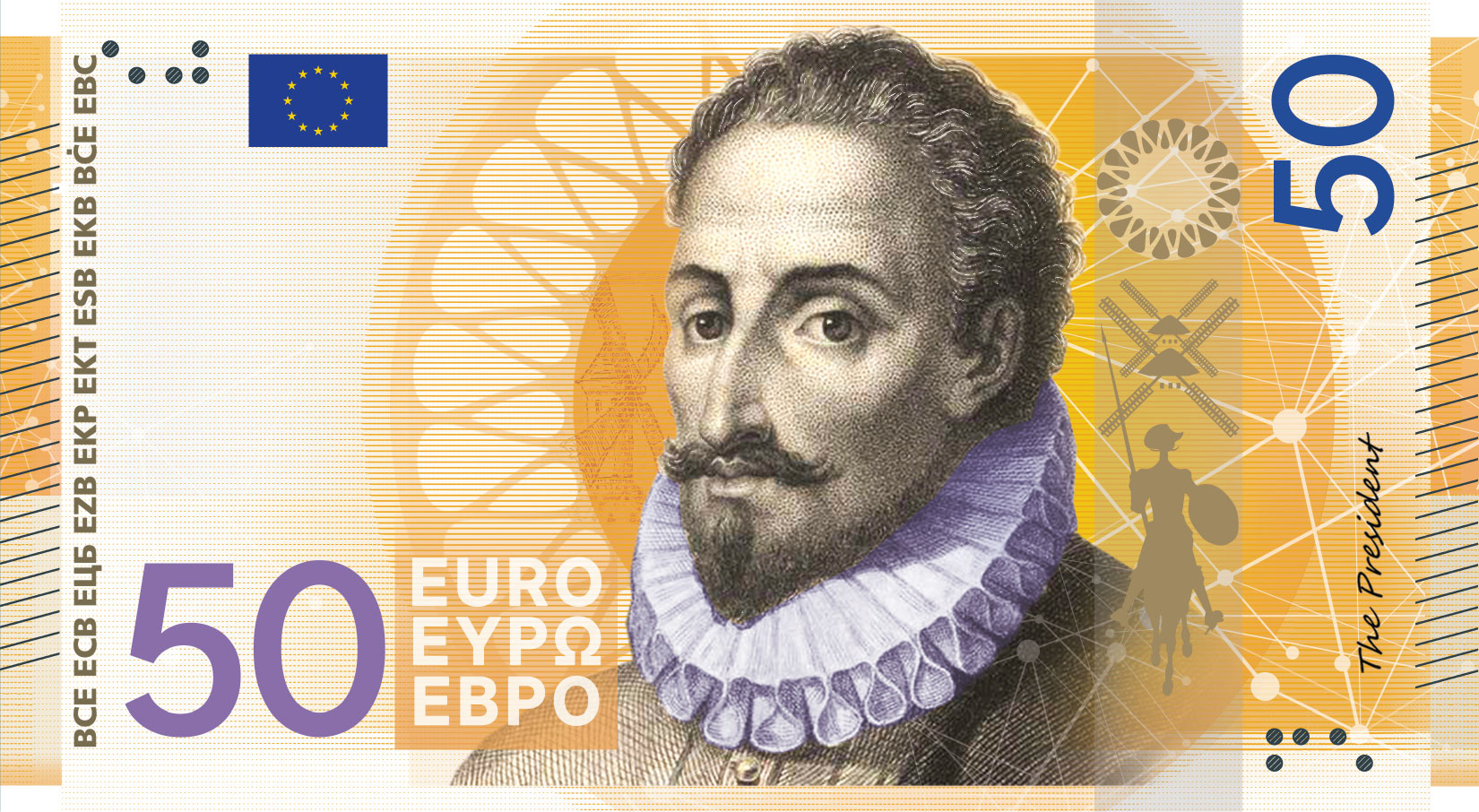 Neuer Eurodesignentwurf der Serie E von Myrsini Vardopoulou. Die Vorderseite des 50-Euro-Scheins zeigt den spanischen Schriftsteller Miguel de Cervantes Saavedra. Im Folienstreifen sind eine Halskrause, zwei Windmühlen und Don Quijote mit Lanze auf einem Pferd erkennbar.
