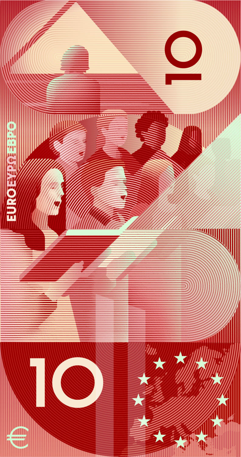 Neuer Eurodesignentwurf der Serie G von Rubio & del Amo und Cruz más Cruz. Die Rückseite des 10-Euro-Scheins ist hochkant und zeigt zum Thema "Musik" einen Chor.