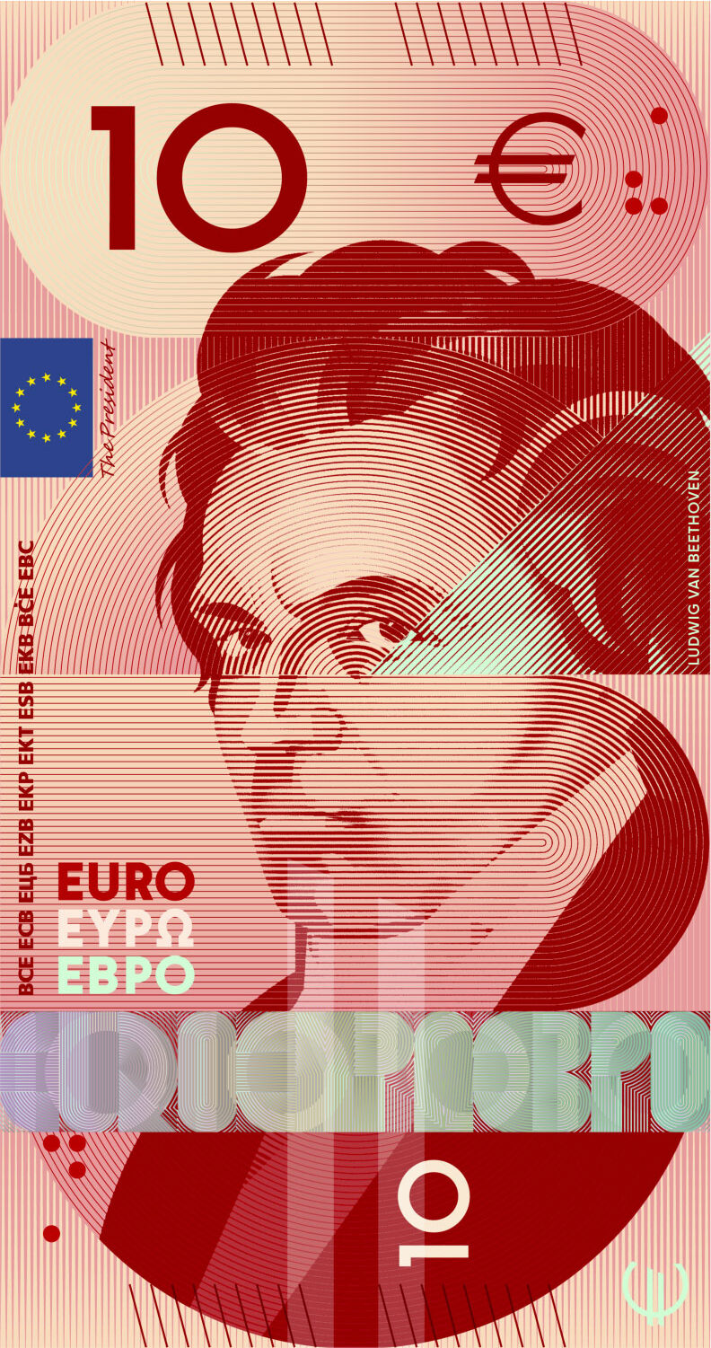 Neues Eurodesign der Serie G von Rubio & del Amo und Cruz más Cruz. Die Vorderseite des 10-Euro-Scheins ist hochkant und zeigt deutschen Komponisten Ludwig van Beethoven.