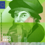 Neues Eurodesign der Serie G von Rubio & del Amo und Cruz más Cruz. Die Vorderseite des 100-Euro-Scheins ist hochkant und zeigt den italienischen Künstler und Erfinder Leonardo da Vinci.