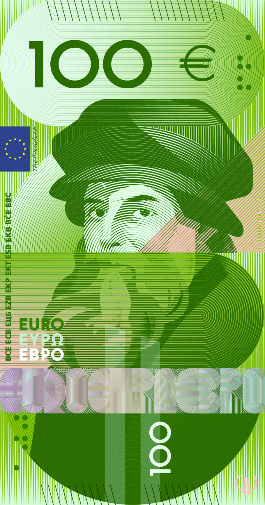 Neues Eurodesign der Serie G von Rubio & del Amo und Cruz más Cruz. Die Vorderseite des 100-Euro-Scheins ist hochkant und zeigt den italienischen Künstler und Erfinder Leonardo da Vinci.